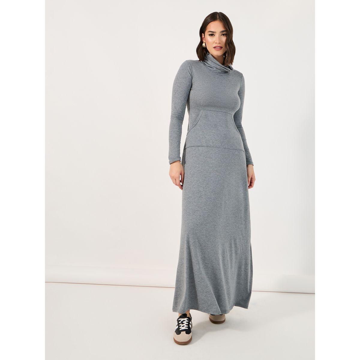 Styli Solid Roll Neck Front Pocket Sweatshirt Maxi Dress-women-clothing-dresses-image-4