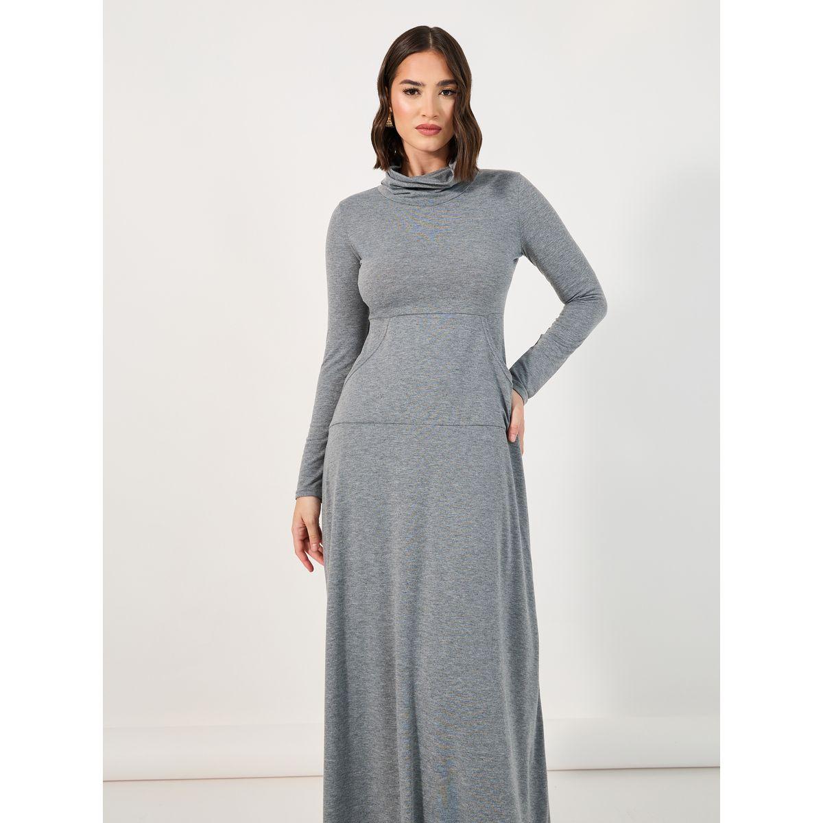 فستان طويل سادة بياقة ملفوفة وجيب-women-clothing-dresses-image-5