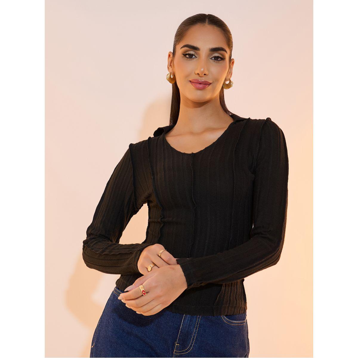 بلوزة محبوكة سادة بتفاصيل مضلعة وياقة بولو-women-clothing-tshirts-image-1