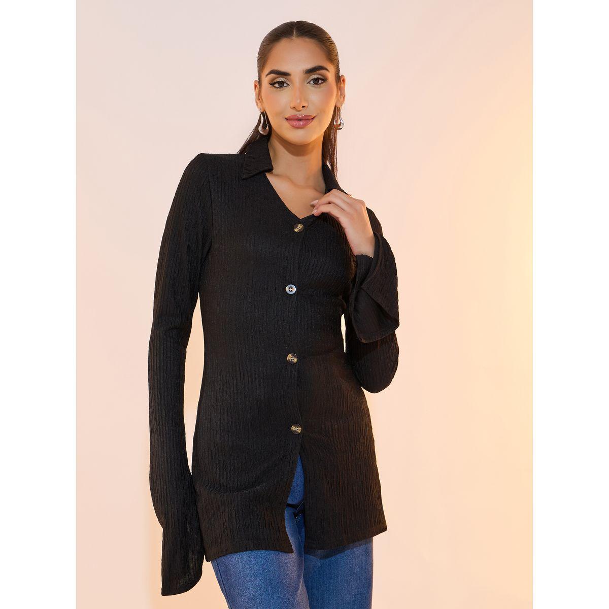 Take Two Textured Polo Neck Knit Top with Slit Sleeves-women-clothing-tshirts-image-1