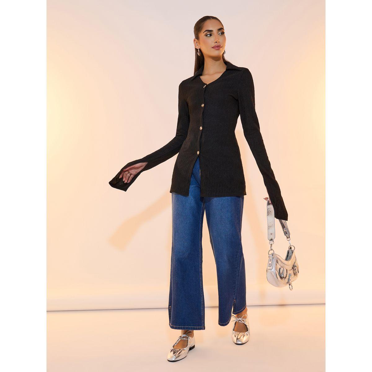 Take Two Textured Polo Neck Knit Top with Slit Sleeves-women-clothing-tshirts-image-2