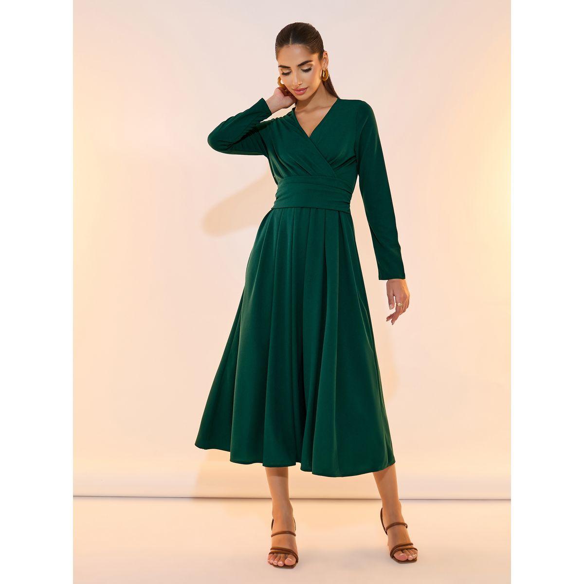 Take Two Solid Pleated Waist V Neck Midi Dress-women-clothing-dresses-image-1