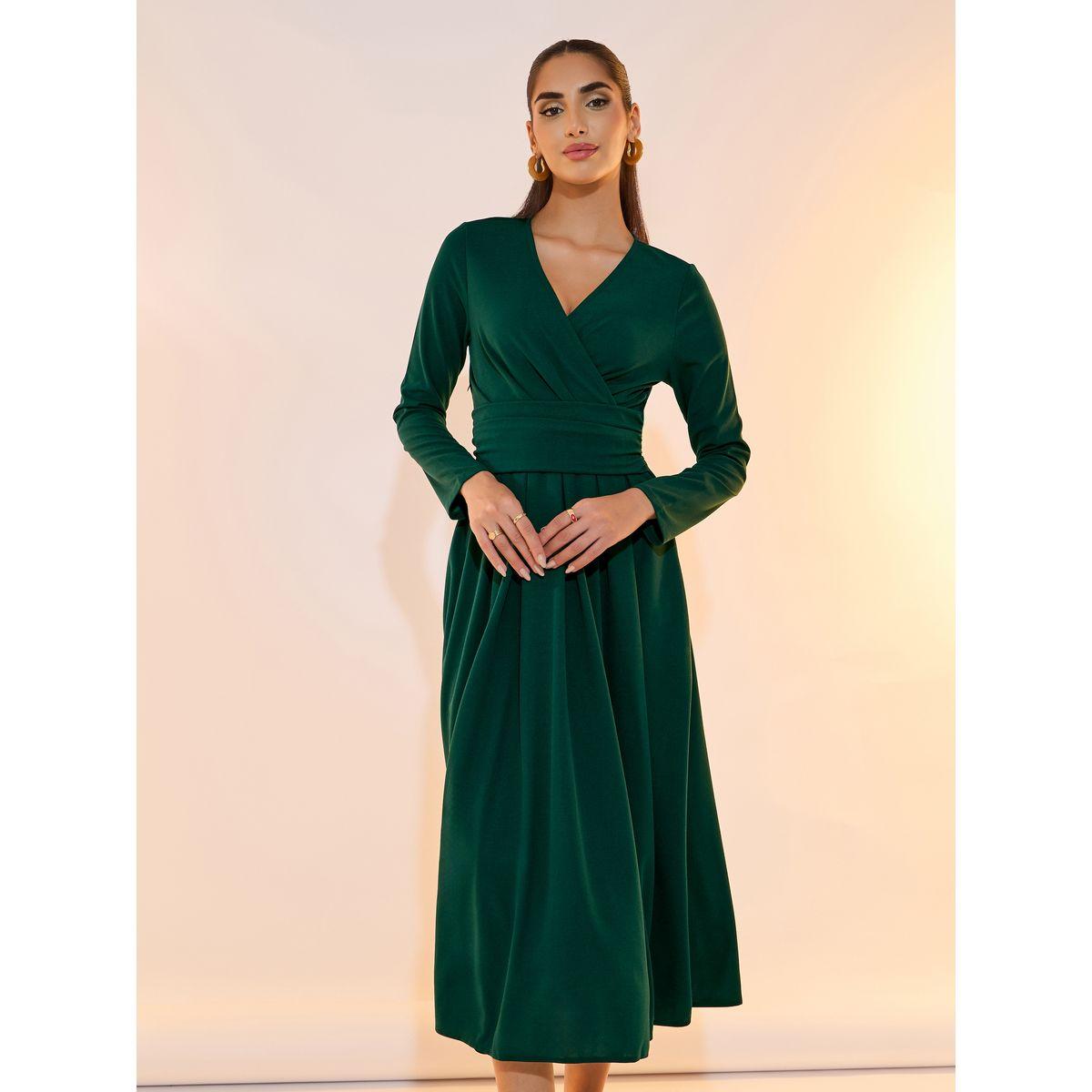 Take Two Solid Pleated Waist V Neck Midi Dress-women-clothing-dresses-image-2
