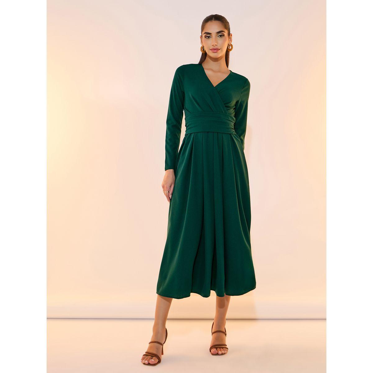 Take Two Solid Pleated Waist V Neck Midi Dress-women-clothing-dresses-image-4