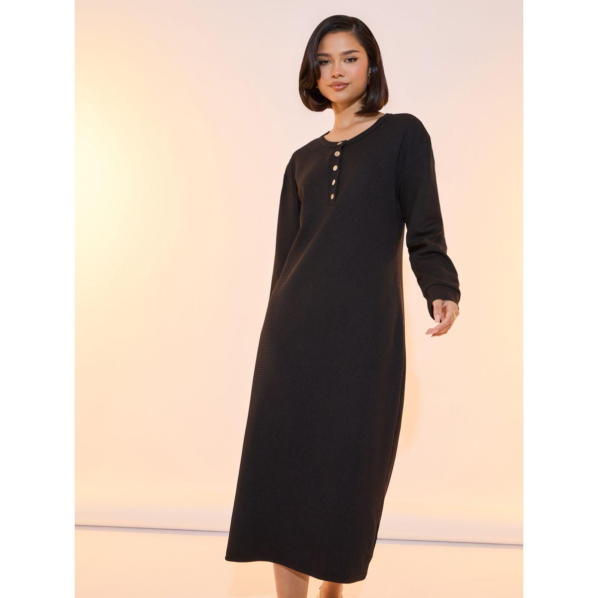 Take Two Textured Drop Shoulder Button Detail Midi Dress-women-clothing-dresses-image-5