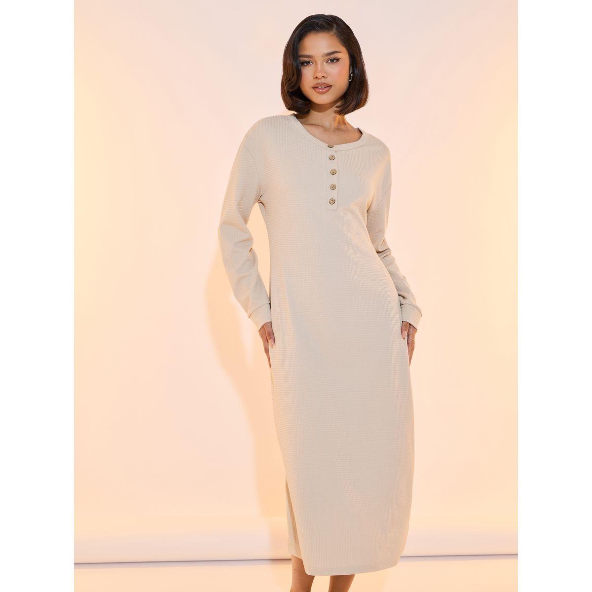 Take Two Textured Drop Shoulder Button Detail Midi Dress-women-clothing-dresses-image-2