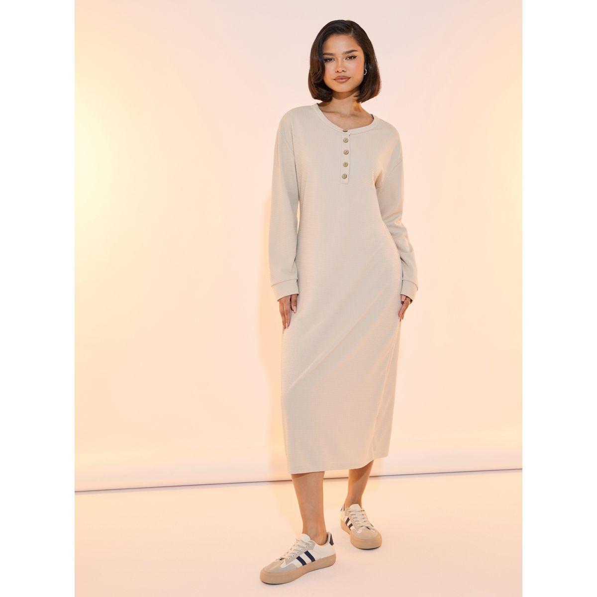 Take Two Textured Drop Shoulder Button Detail Midi Dress-women-clothing-dresses-image-4