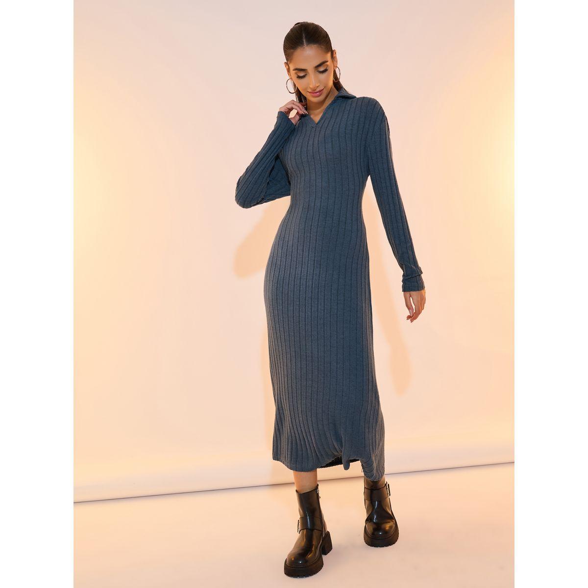 Take Two Solid Rib Polo Neck Long Sleeves Midi Dress-women-clothing-dresses-image-4