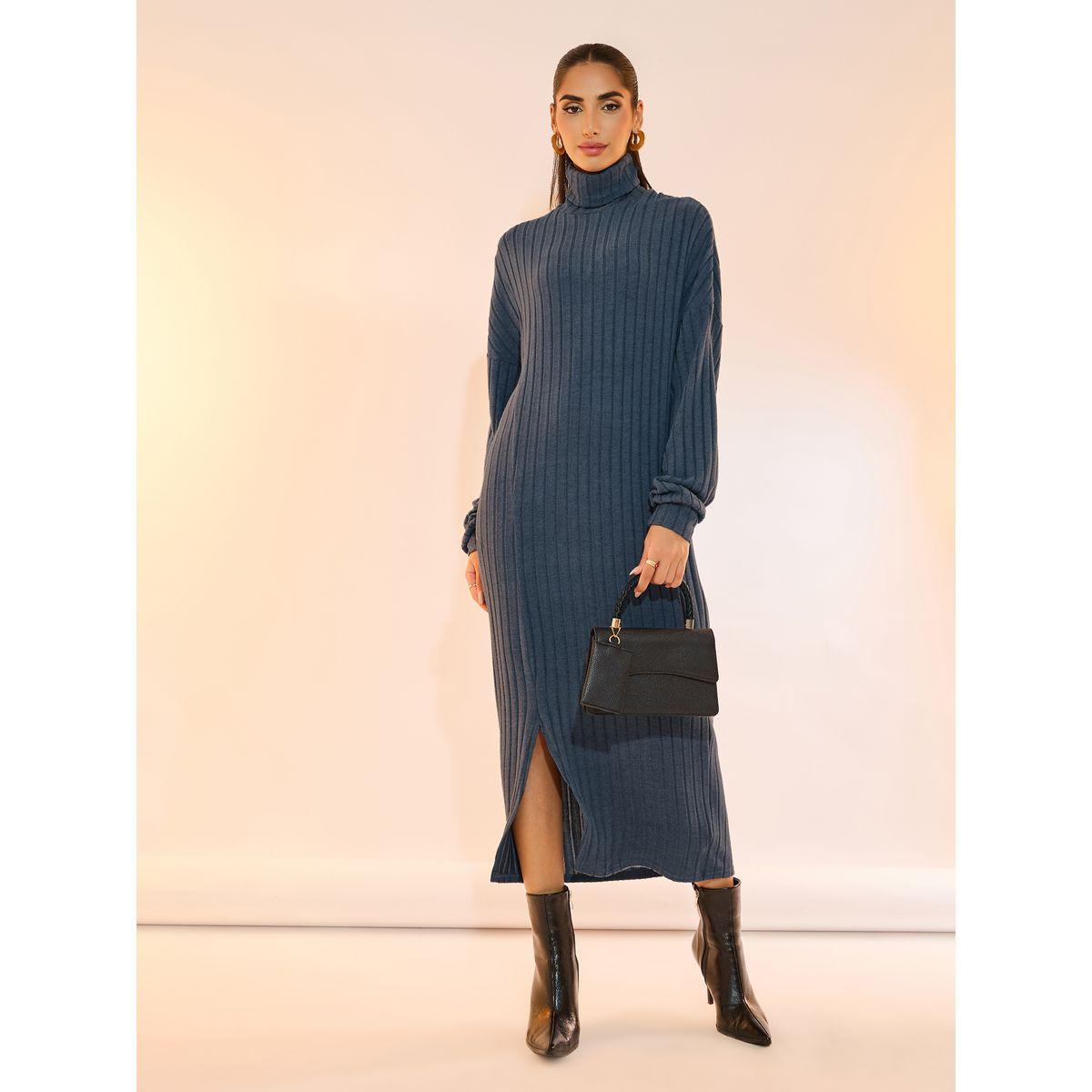 Take Two Ribbed Turtle Neck Front Slit Midi Dress-women-clothing-dresses-image-1