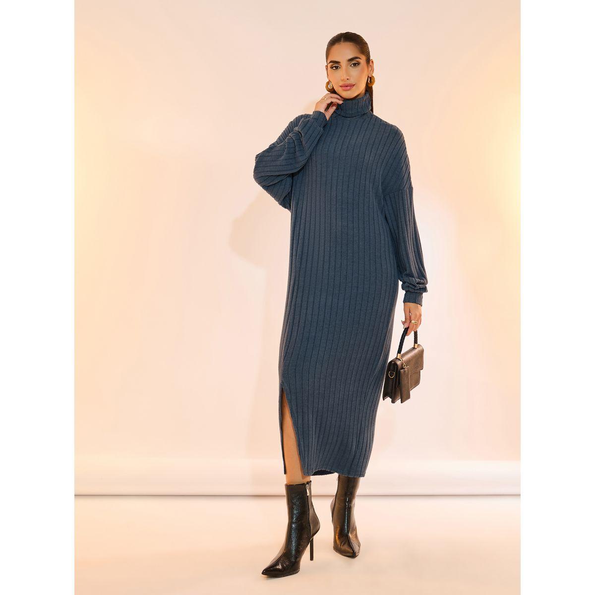 Take Two Ribbed Turtle Neck Front Slit Midi Dress-women-clothing-dresses-image-4