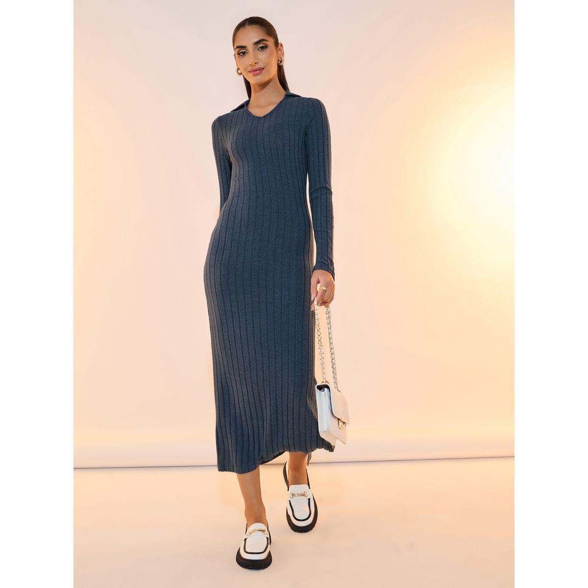 Take Two Solid Ribbed Polo Neck Bodycon Midi Dress-women-clothing-dresses-image-4