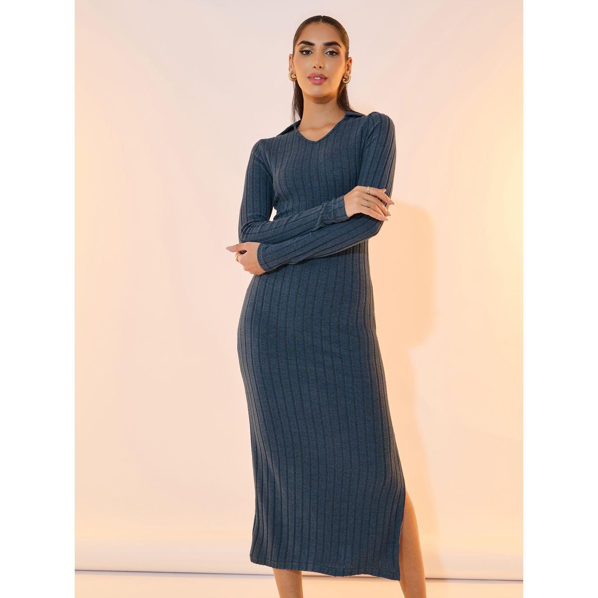 Take Two Solid Ribbed Polo Neck Bodycon Midi Dress-women-clothing-dresses-image-5