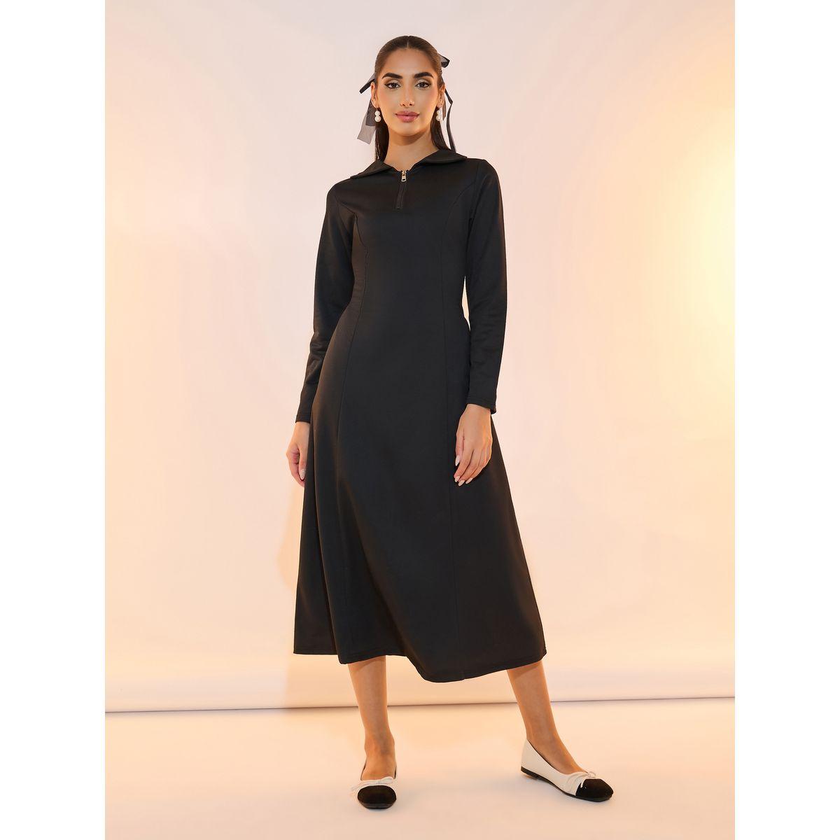 Take Two Half Zip Placket Collared A-Line Midi Dress-women-clothing-dresses-image-1