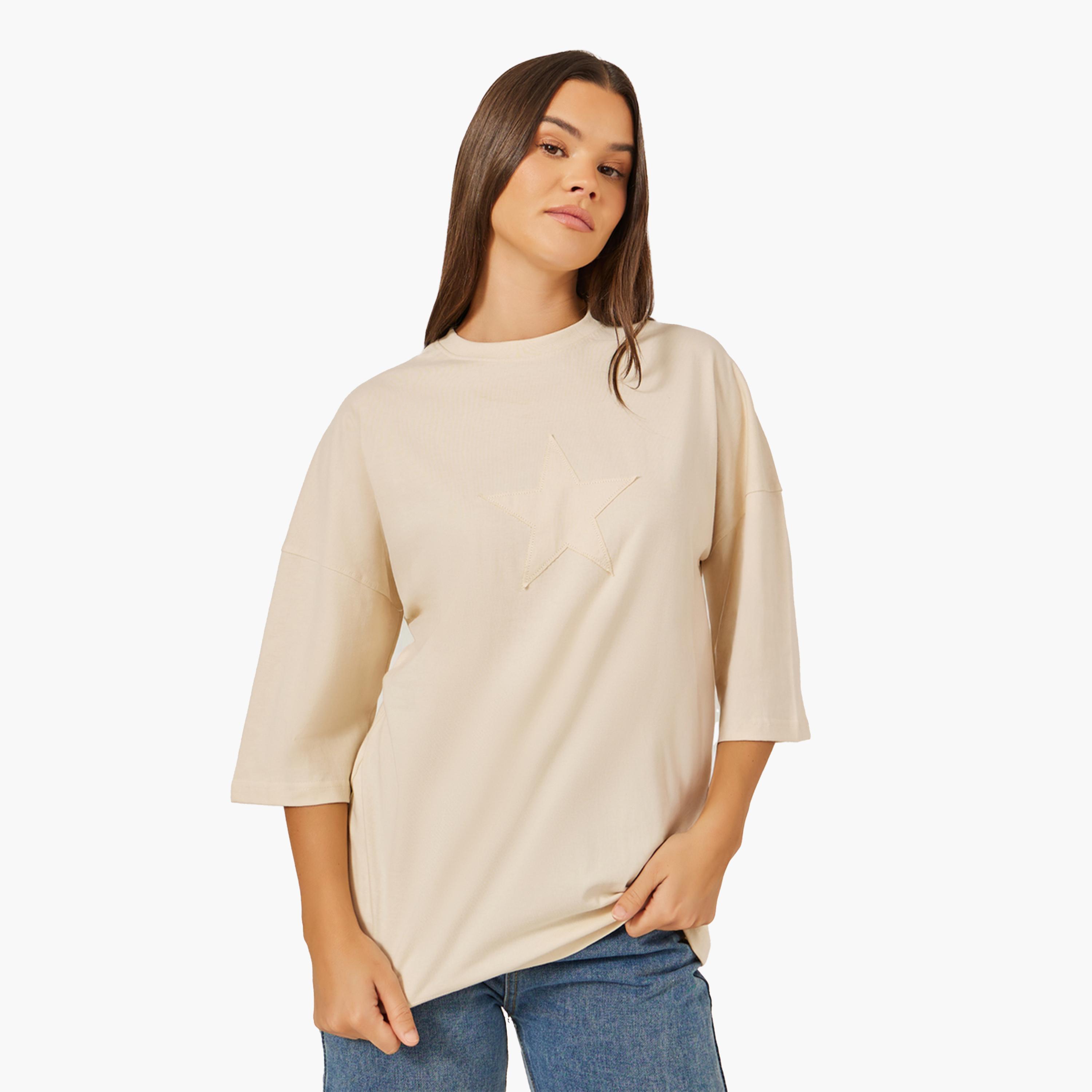 Styli Beige Star Applique Oversized Longline T-Shirt-women-clothing-tshirts-image-1