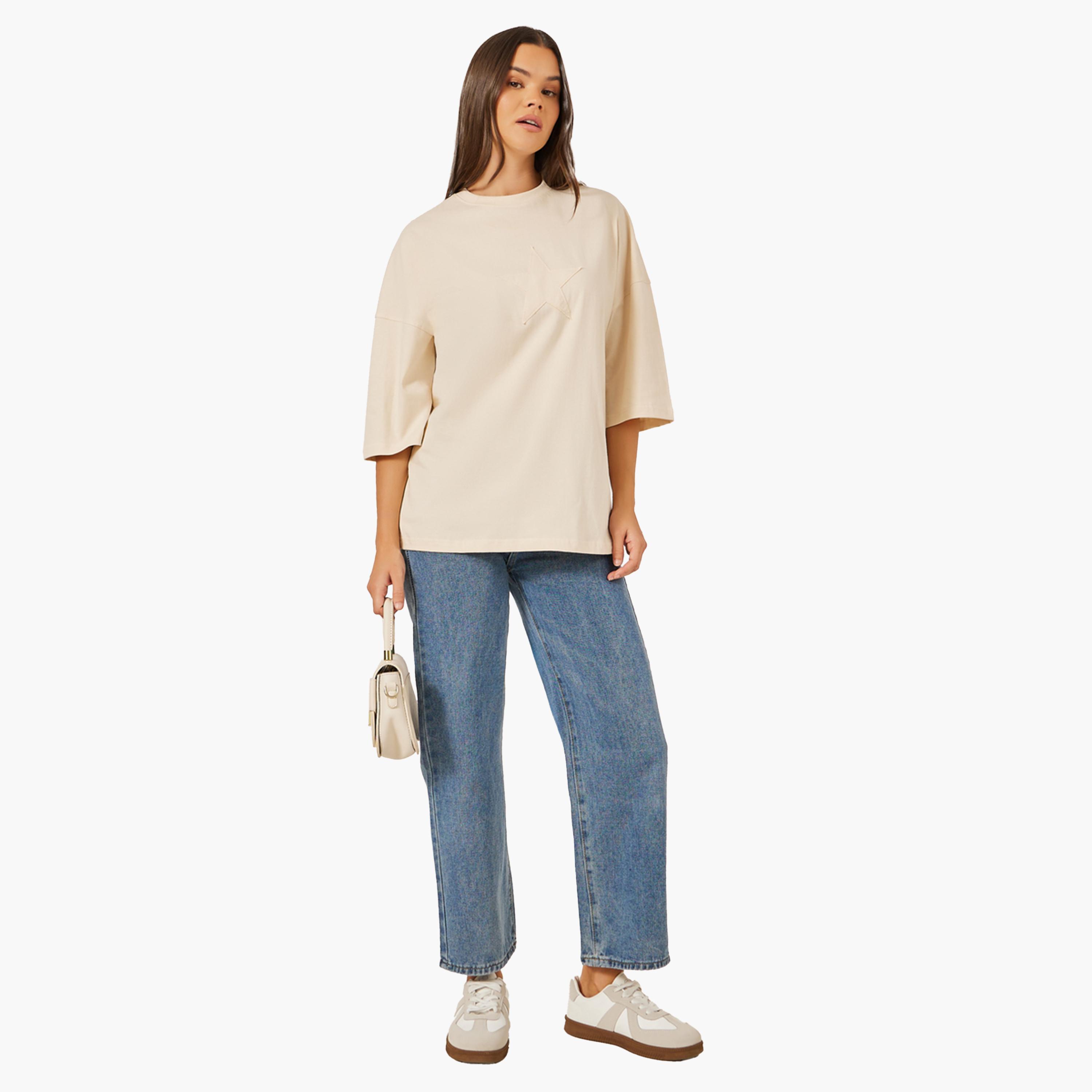 Styli Beige Star Applique Oversized Longline T-Shirt-women-clothing-tshirts-image-2