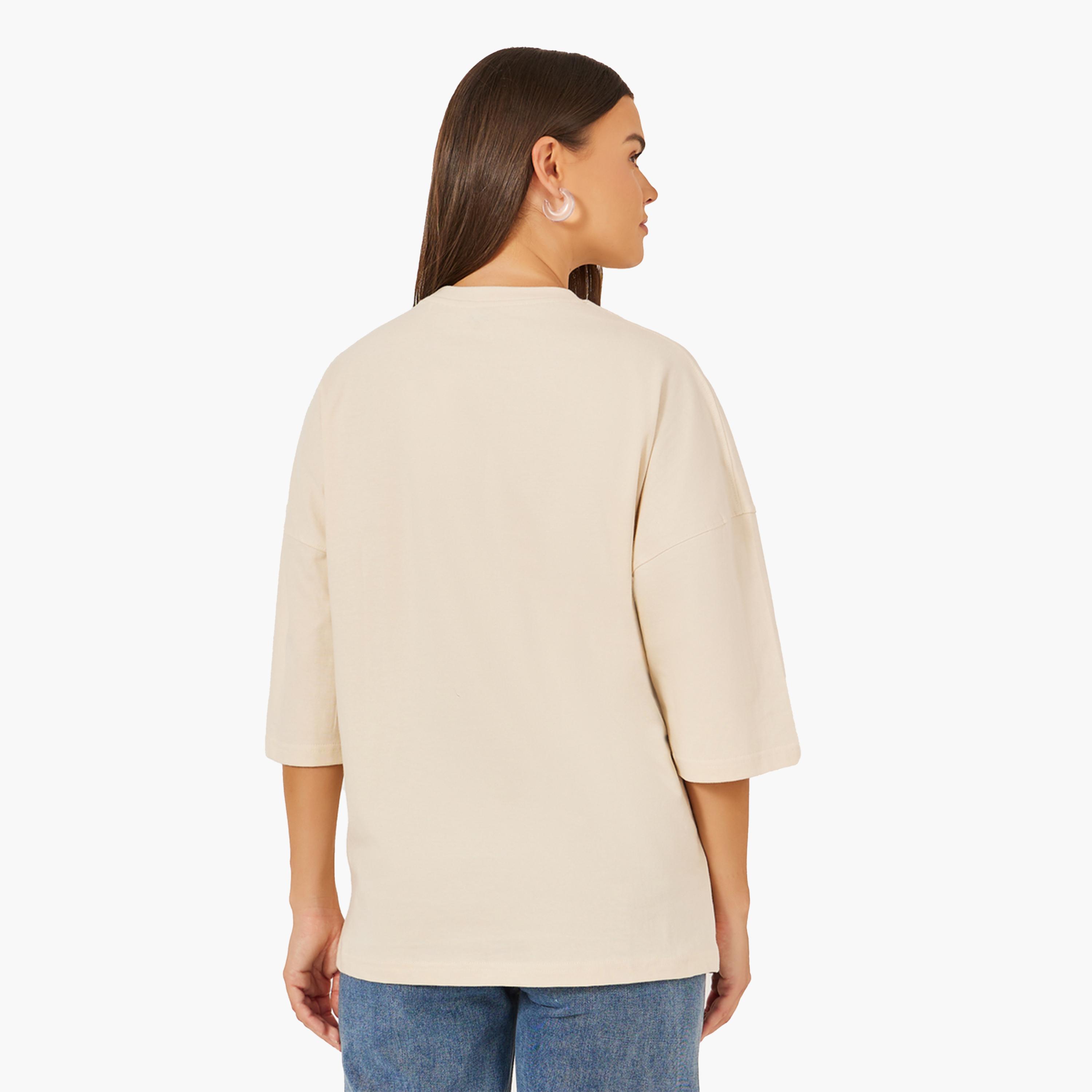 Styli Beige Star Applique Oversized Longline T-Shirt-women-clothing-tshirts-image-4
