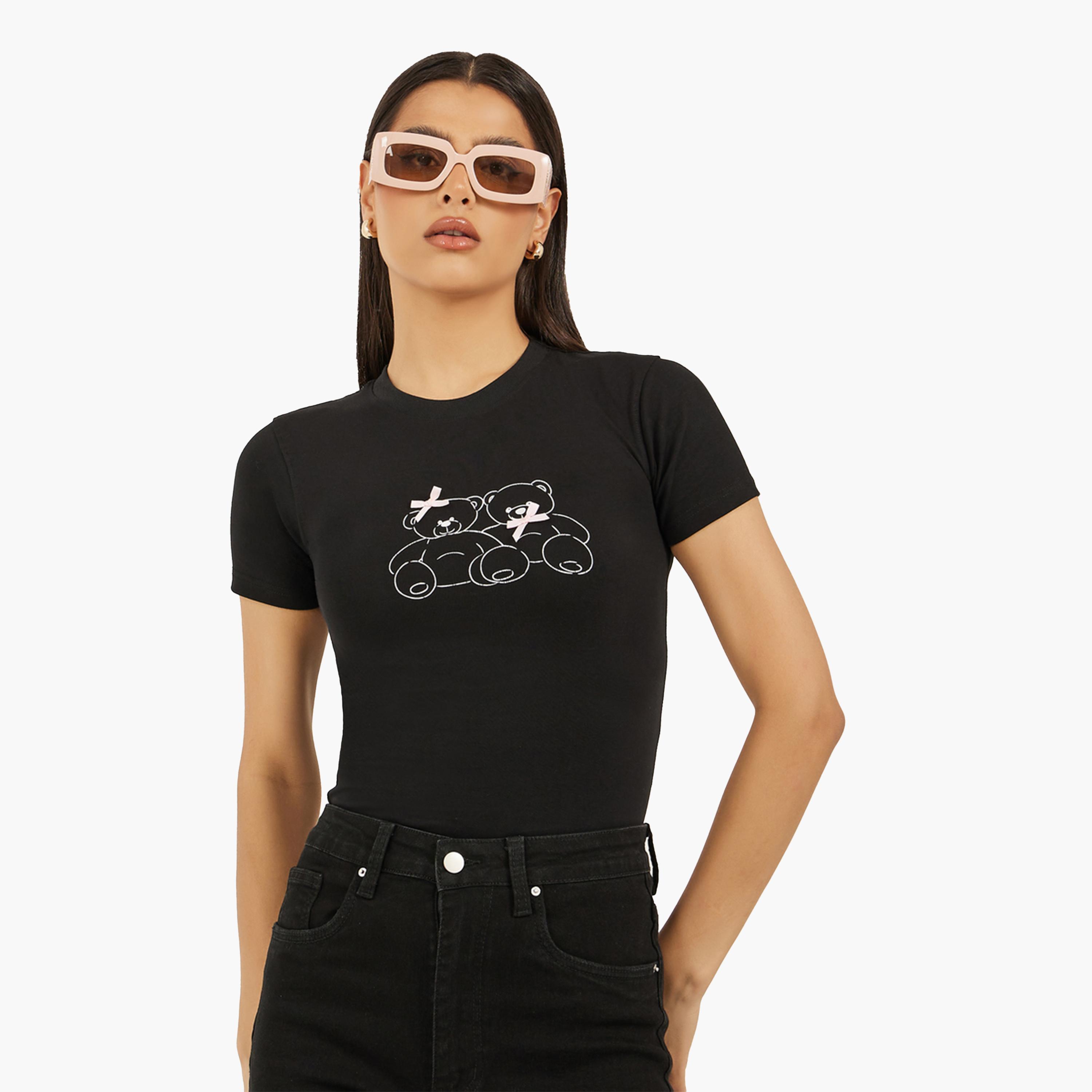 Styli Bear Graphic Printed Short Sleeve Fitted T-Shirt with Ribbon Detail-women-clothing-tshirts-image-1