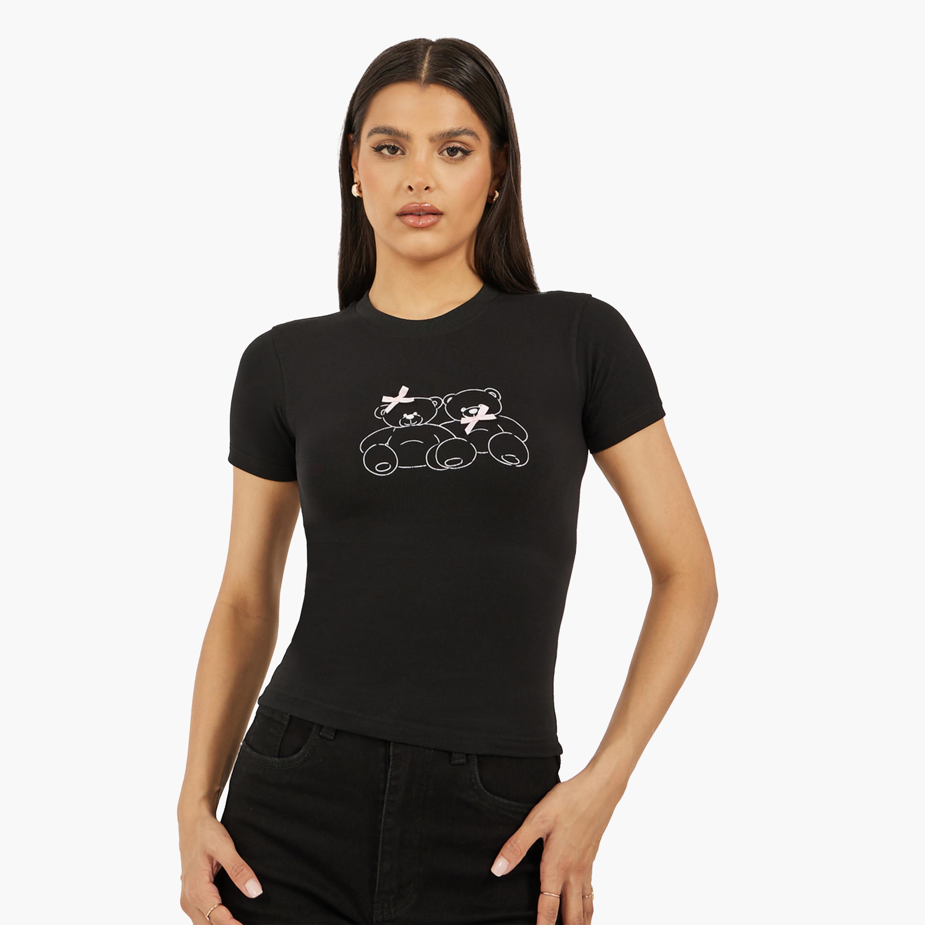 Styli Bear Graphic Printed Short Sleeve Fitted T-Shirt with Ribbon Detail-women-clothing-tshirts-image-2