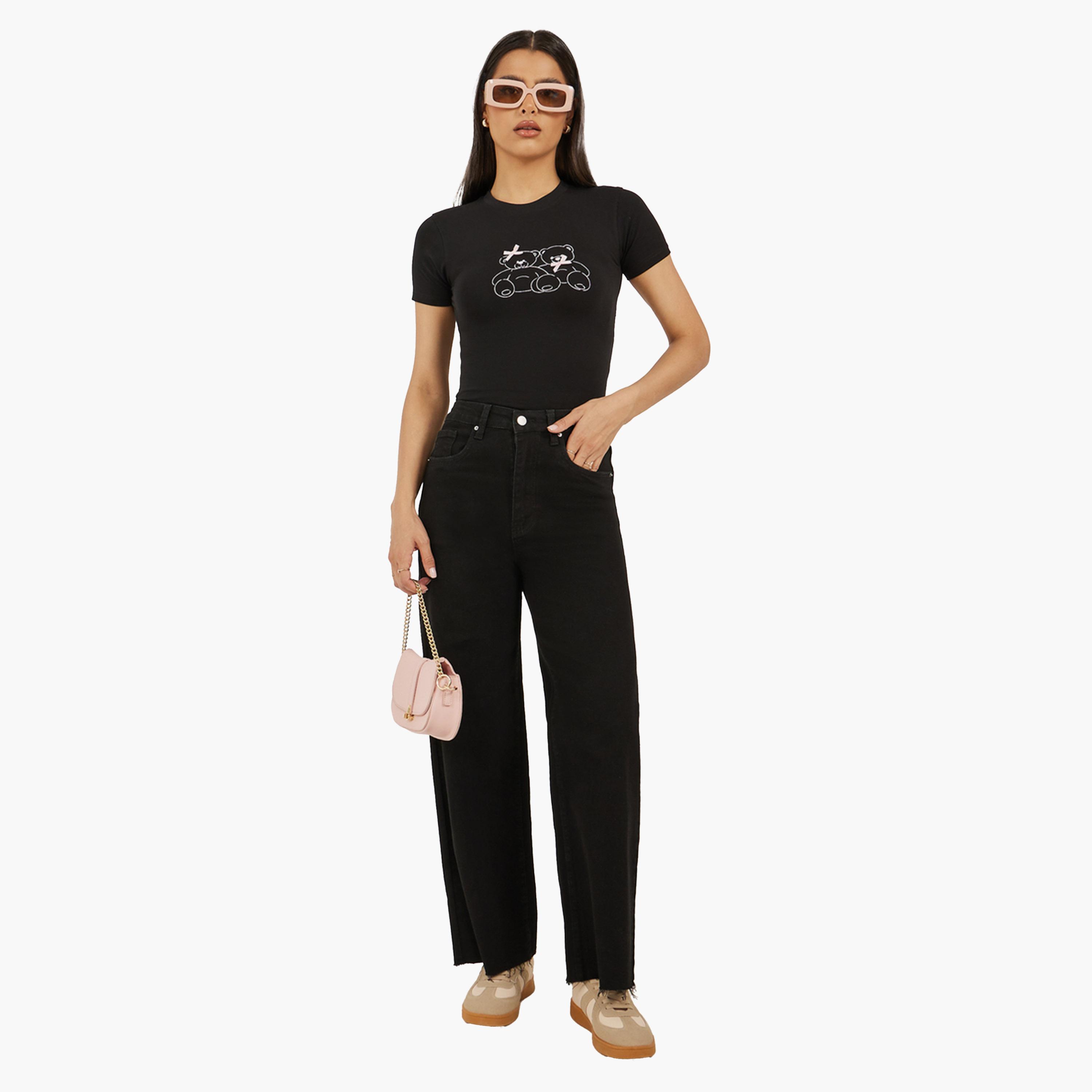 Styli Bear Graphic Printed Short Sleeve Fitted T-Shirt with Ribbon Detail-women-clothing-tshirts-image-3