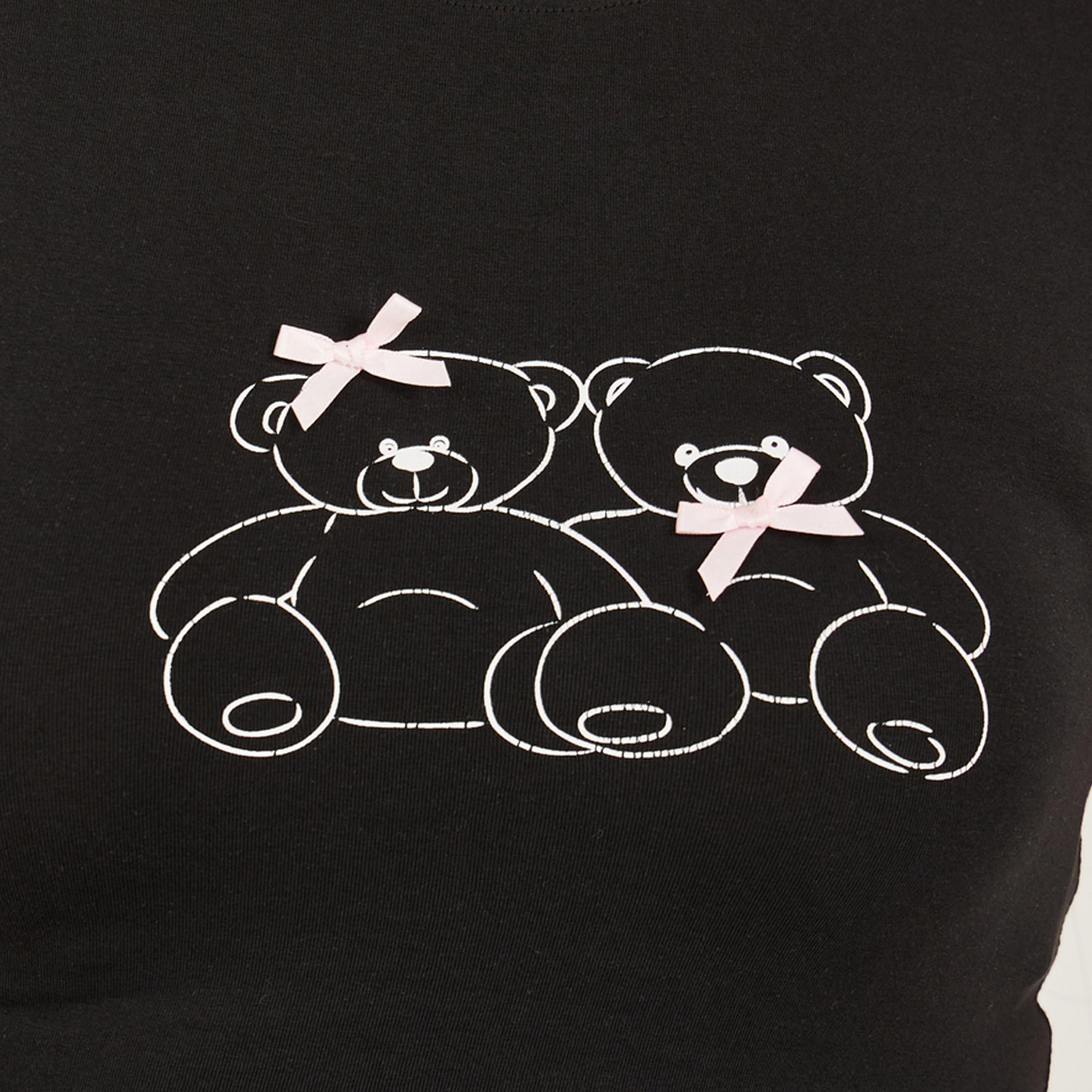 Styli Bear Graphic Printed Short Sleeve Fitted T-Shirt with Ribbon Detail-women-clothing-tshirts-image-4
