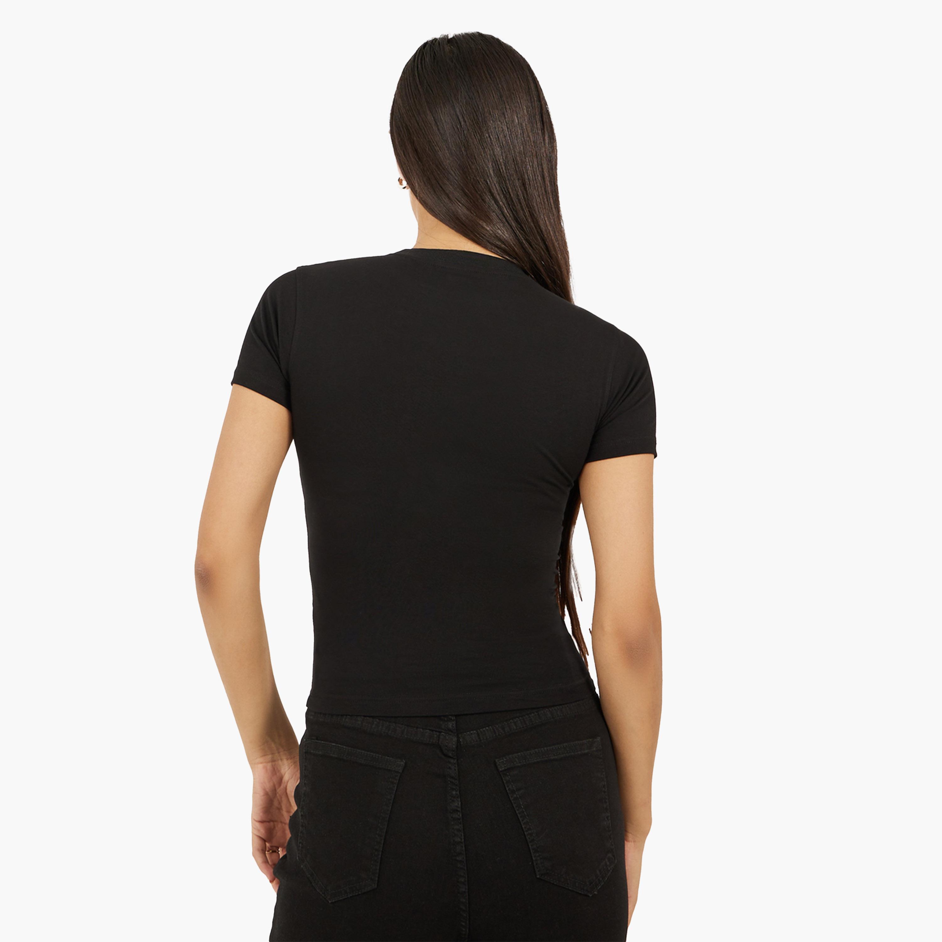 Styli Bear Graphic Printed Short Sleeve Fitted T-Shirt with Ribbon Detail-women-clothing-tshirts-image-5