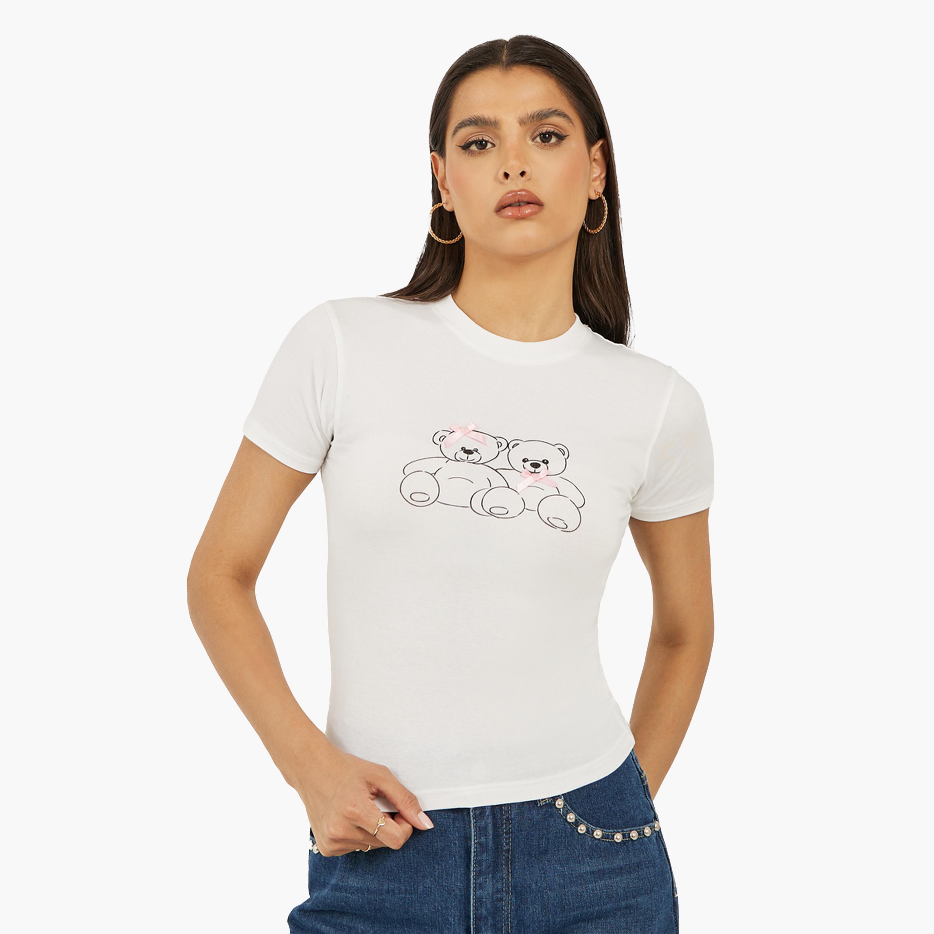 Styli Bear Graphic Printed Short Sleeve Fitted T-Shirt with Ribbon Detail-women-clothing-tshirts-image-1