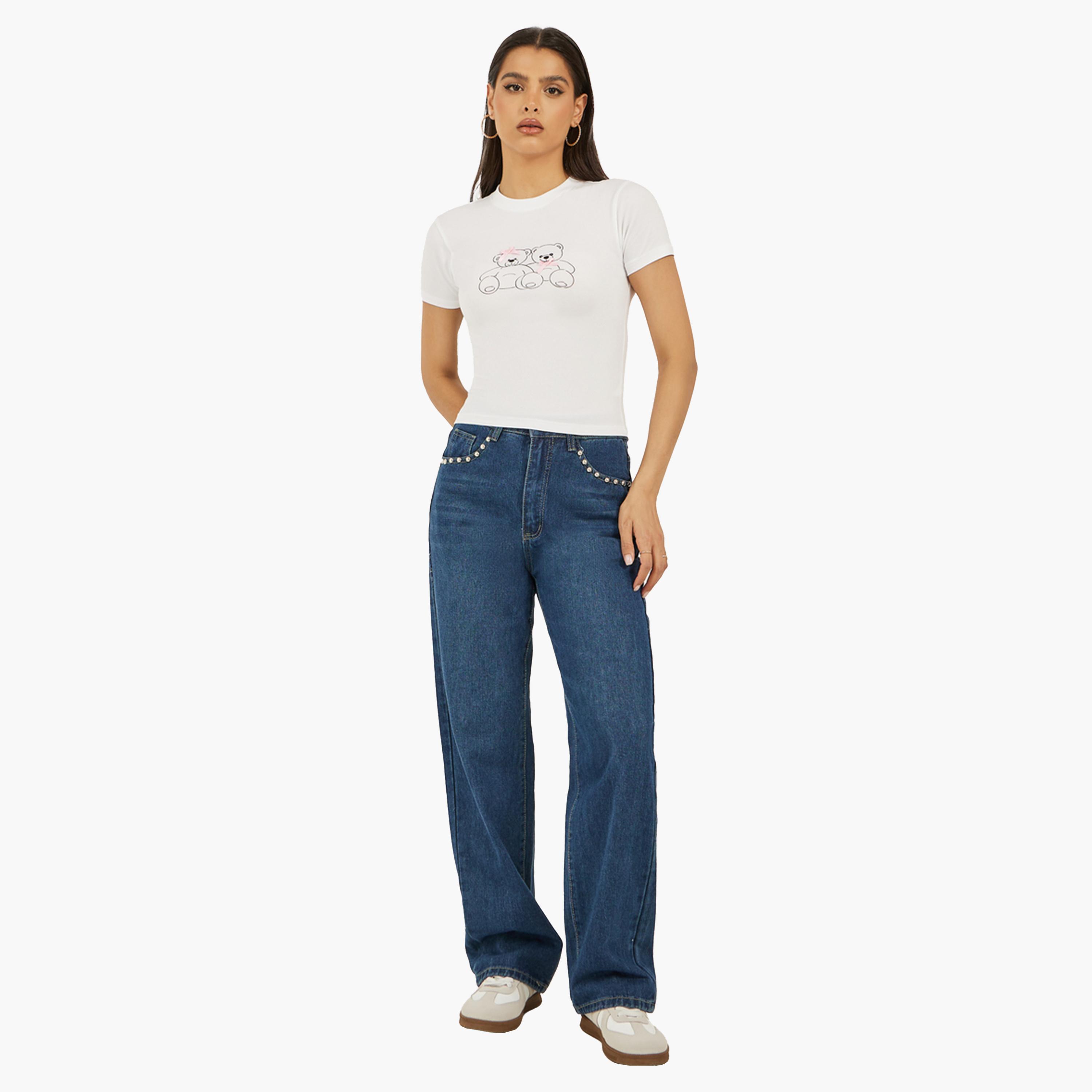 Styli Bear Graphic Printed Short Sleeve Fitted T-Shirt with Ribbon Detail-women-clothing-tshirts-image-2
