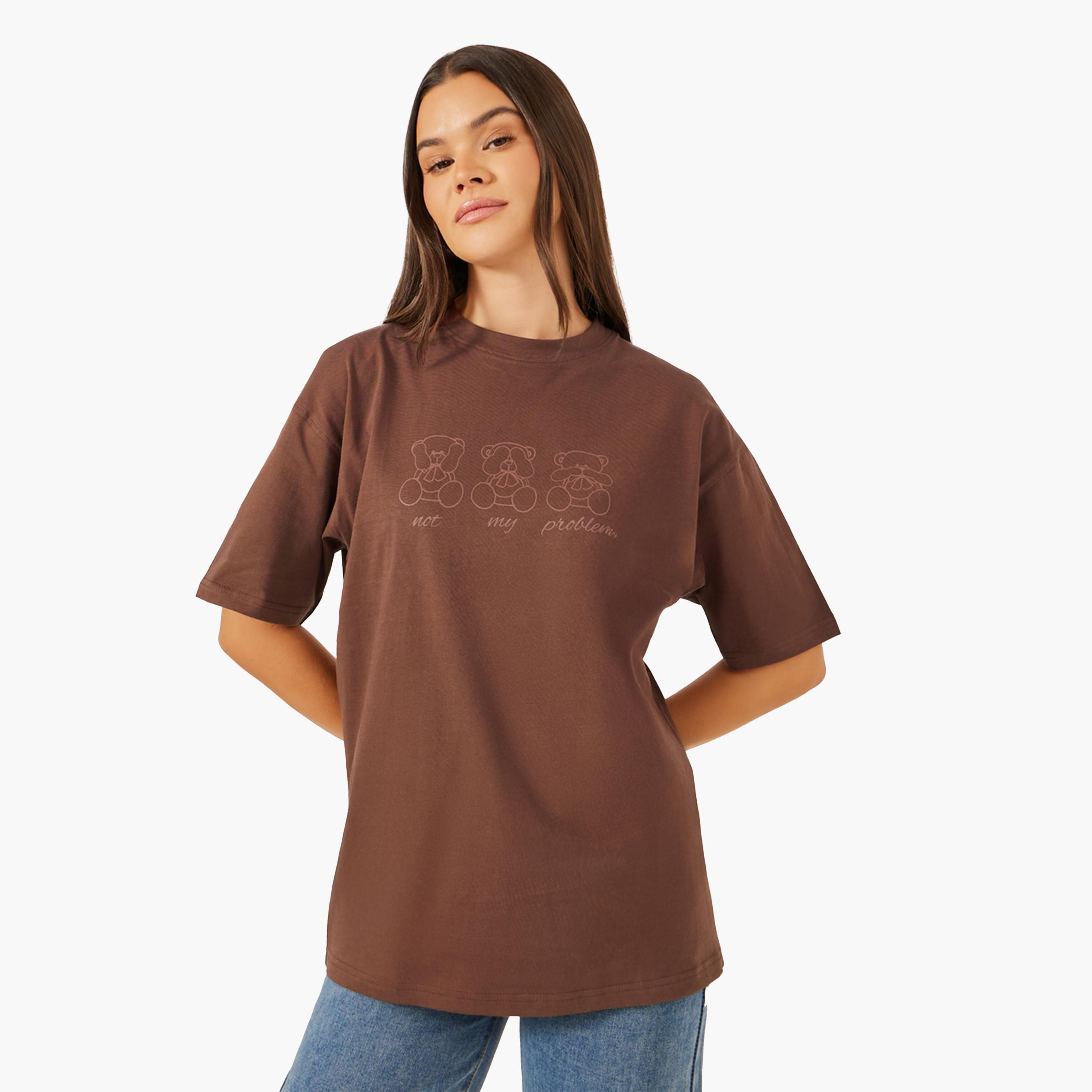 ستايلي - تي شيرت نسائي كبير الحجم بأكمام قصيرة وطبعة دب بني-women-clothing-tshirts-image-1