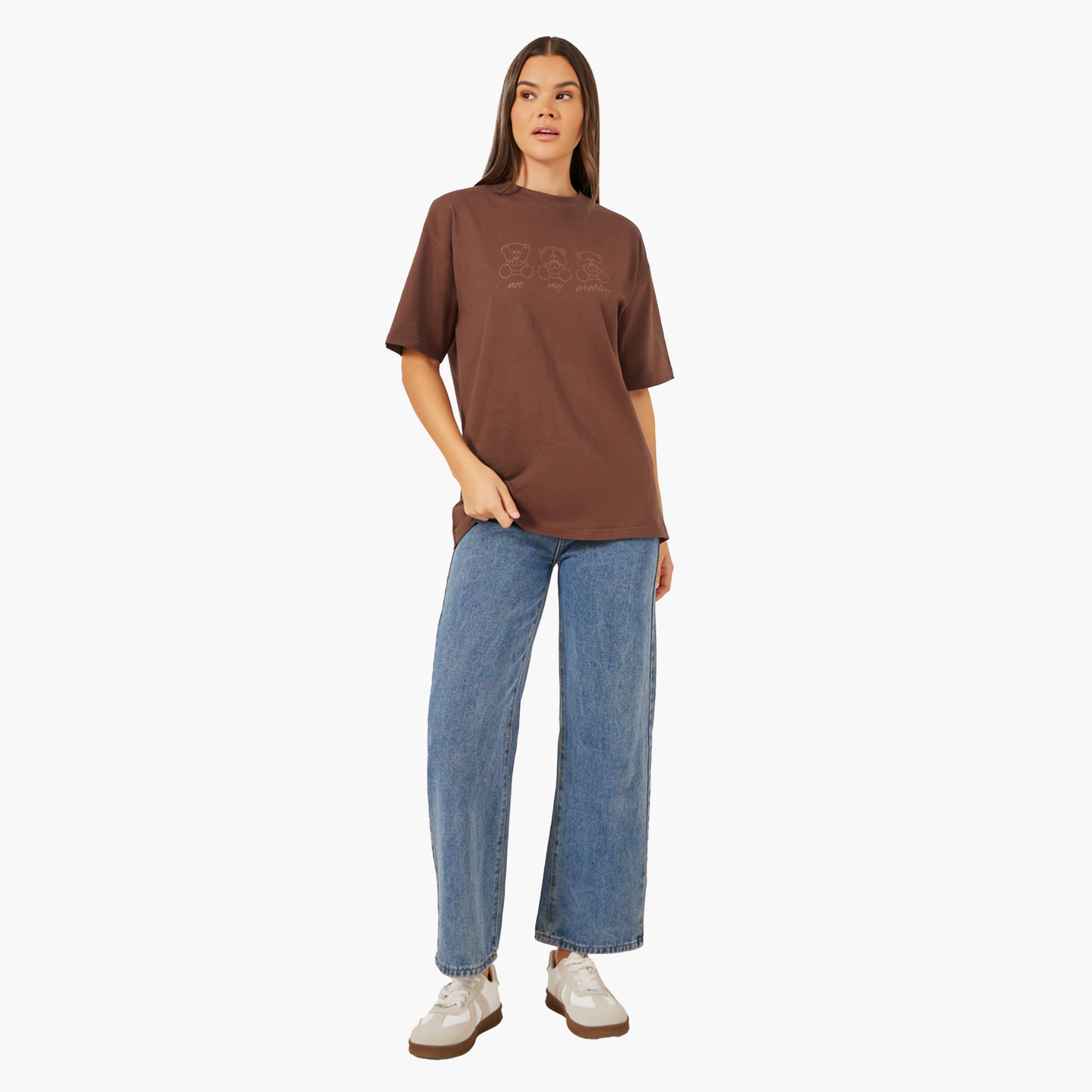 ستايلي - تي شيرت نسائي كبير الحجم بأكمام قصيرة وطبعة دب بني-women-clothing-tshirts-image-2