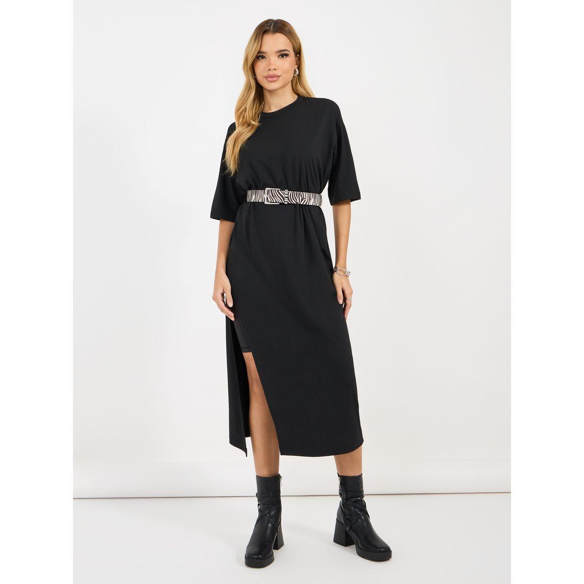 Styli Solid Round Neck Longline T-Shirt with Side Slit-women-clothing-tshirts-image-1