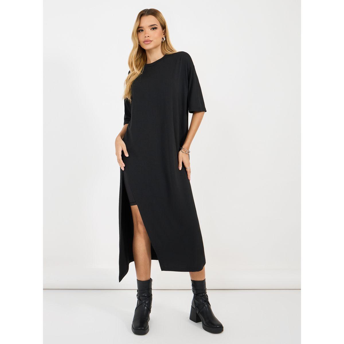 Styli Solid Round Neck Longline T-Shirt with Side Slit-women-clothing-tshirts-image-2