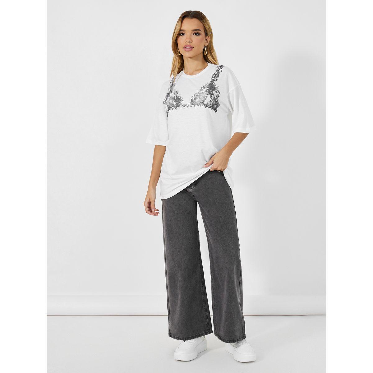 تيشيرت فضفاض بطبعة جرافيك وياقة دائرية-women-clothing-tshirts-image-2