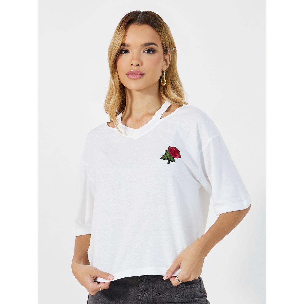 Styli Embroidered Short Sleeve Oversized V Neck  T-shirt-women-clothing-tshirts-image-1