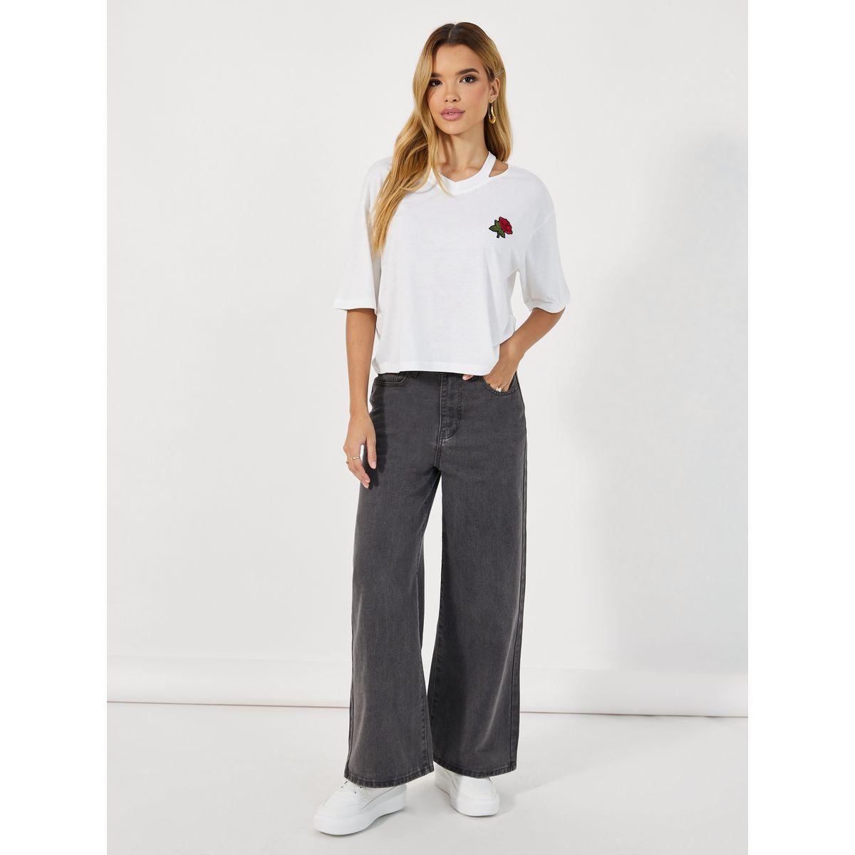 Styli Embroidered Short Sleeve Oversized V Neck  T-shirt-women-clothing-tshirts-image-2