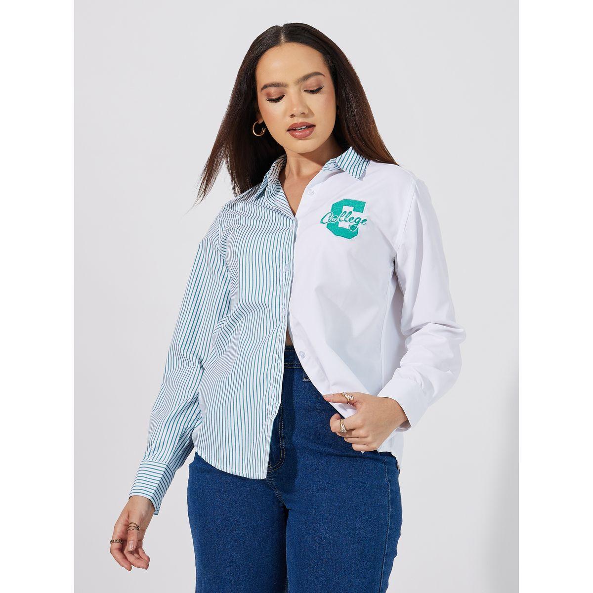 بلوزة مخططة بقصة عادية وشارة-women-clothing-shirtsandblouses-shirts-image-1