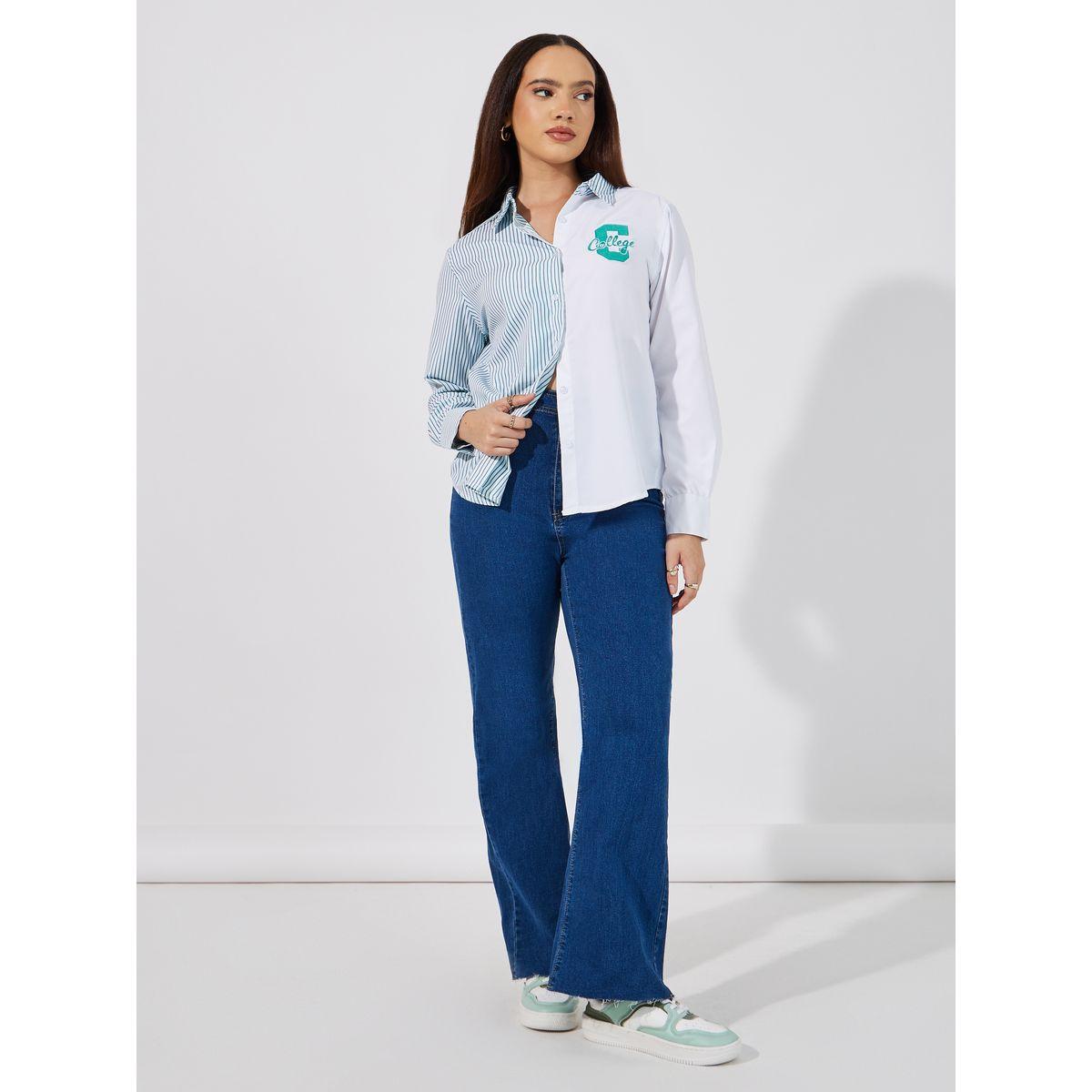 بلوزة مخططة بقصة عادية وشارة-women-clothing-shirtsandblouses-shirts-image-2