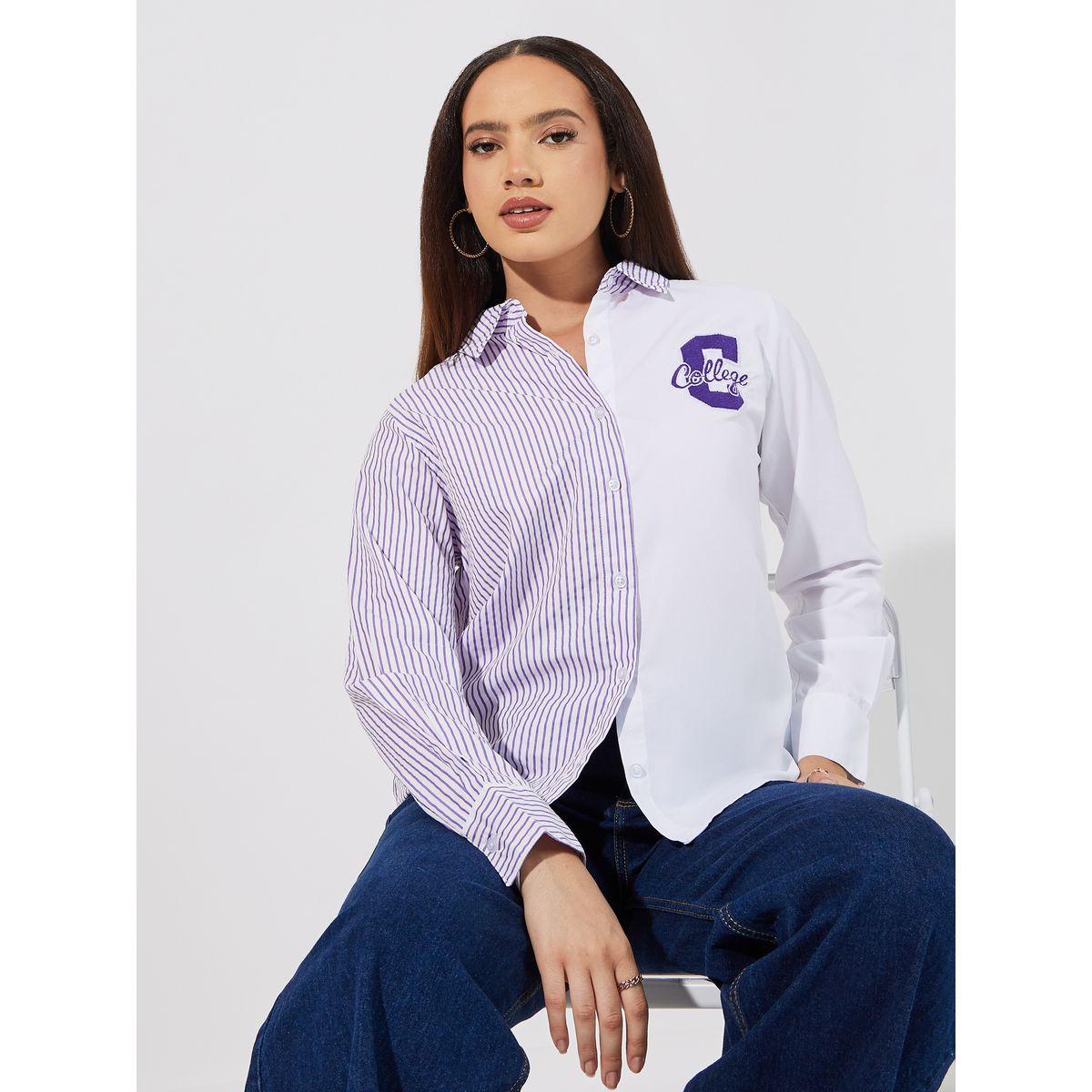 Styli Striped Regular Fit Shirt with Badge Detail-women-clothing-shirtsandblouses-shirts-image-1