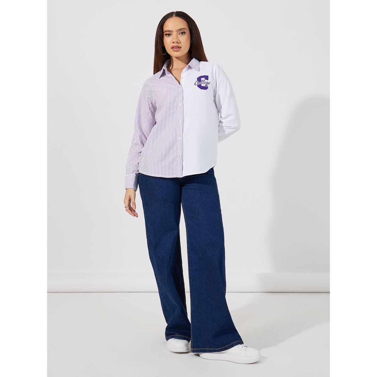بلوزة مخططة بقصة عادية وشارة-women-clothing-shirtsandblouses-shirts-image-2