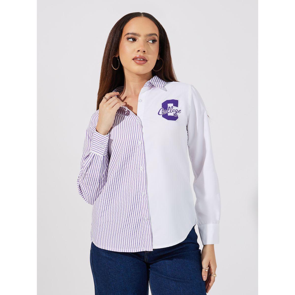 بلوزة مخططة بقصة عادية وشارة-women-clothing-shirtsandblouses-shirts-image-3