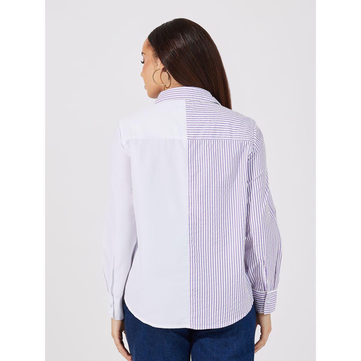 بلوزة مخططة بقصة عادية وشارة-women-clothing-shirtsandblouses-shirts-image-5