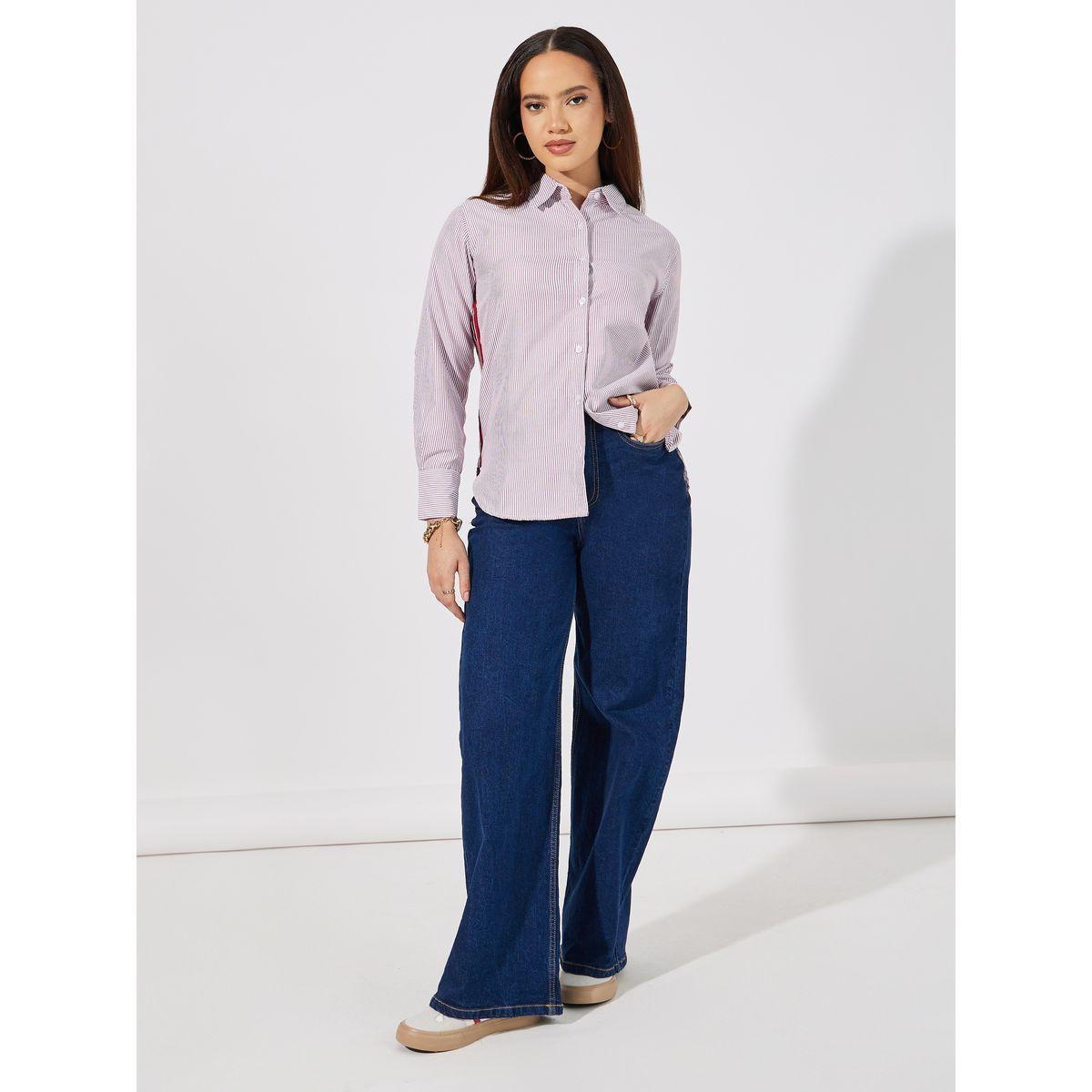بلوزة مخططة بقصة عادية وشريط جانبي-women-clothing-shirtsandblouses-shirts-image-2