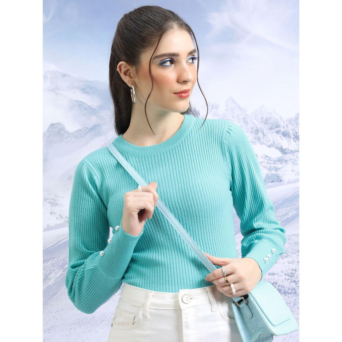 Tokyo Talkies X Styli  Ribbed Knit Round Neck Sweater with Long Sleeves & Button Details-women-winterwear-cardigansandjumpers-jumpers-image-1