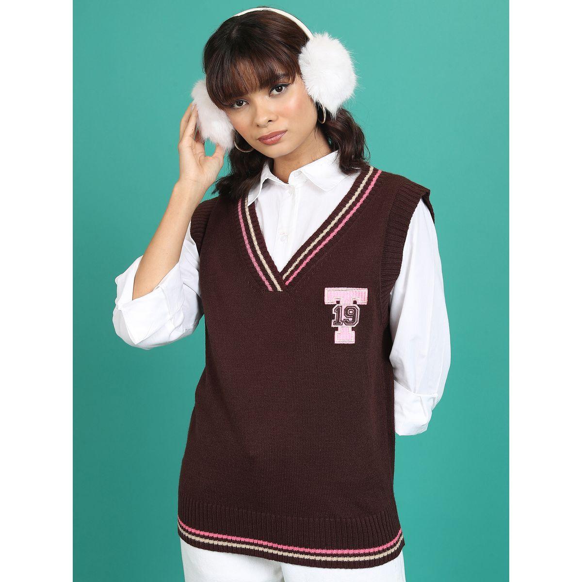 Tokyo Talkies X Styli  Contrast Striped Trim V-Neck Sleeveless Sweater-women-winterwear-cardigansandjumpers-jumpers-image-1