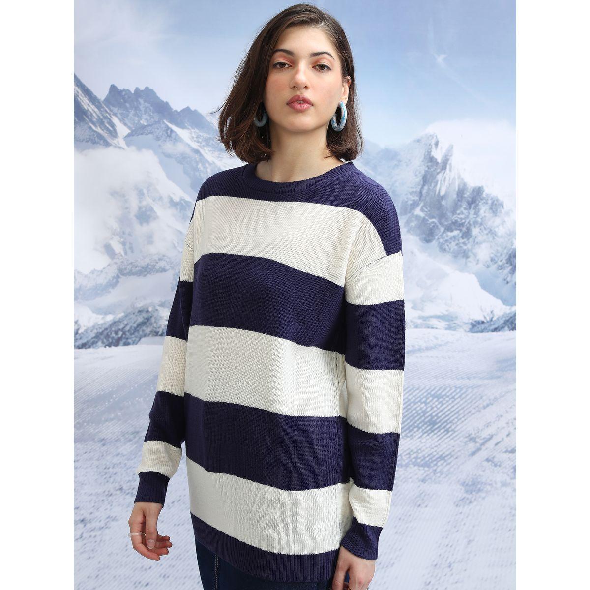 سويتر مخطط بياقة دائرية وأكمام طويلة طوكيو توكيز × ستايلي-women-winterwear-cardigansandjumpers-jumpers-image-4