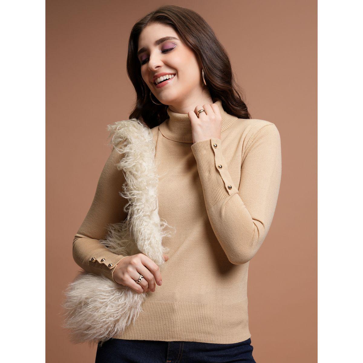 Tokyo Talkies X Styli  Ribbed Turtle Neck Button Detail Sweater-women-winterwear-cardigansandjumpers-jumpers-image-1