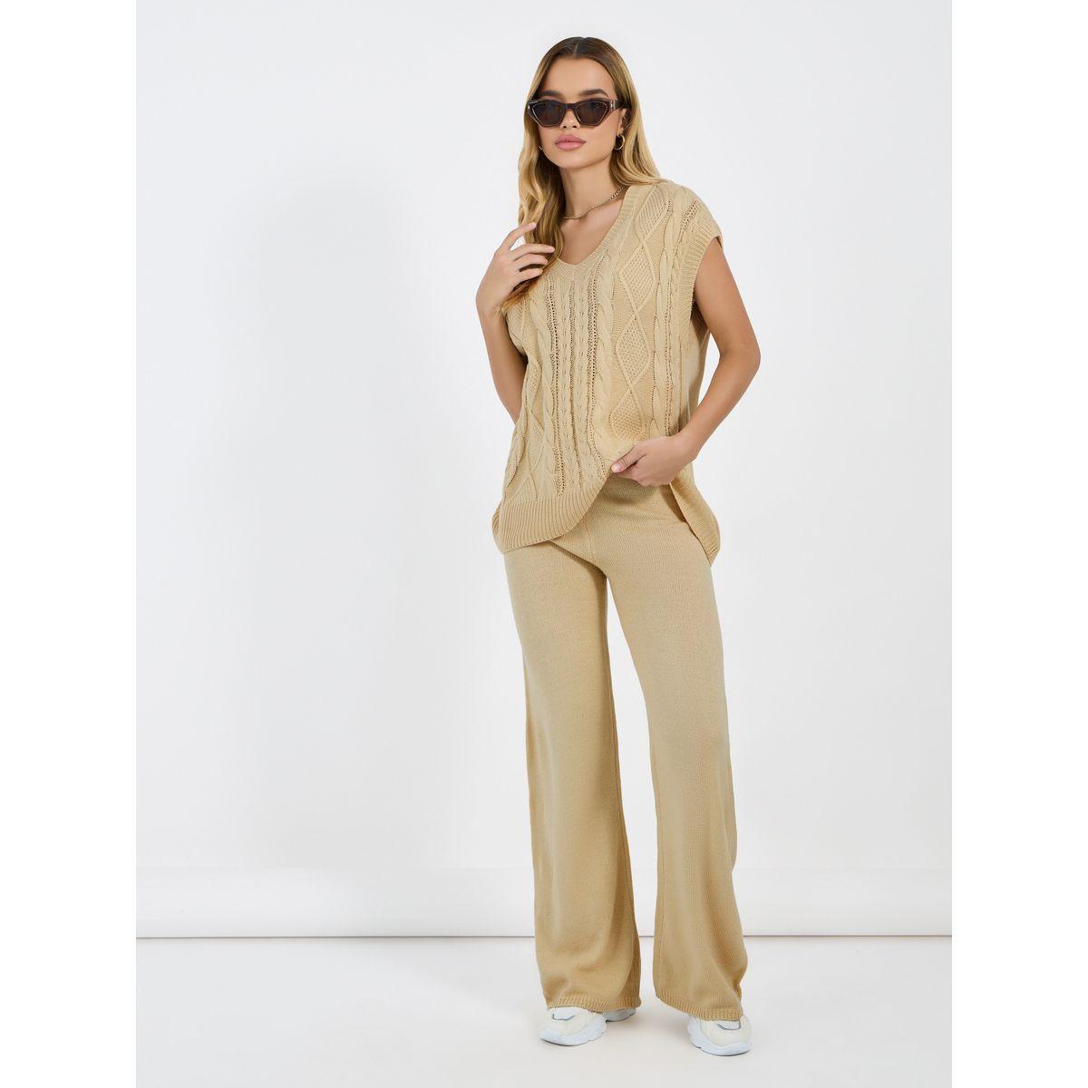 طقم منسق من بنطال بأرجل واسعة وبلوزة فيست بنمط سويتر-women-clothing-coordsets-image-2