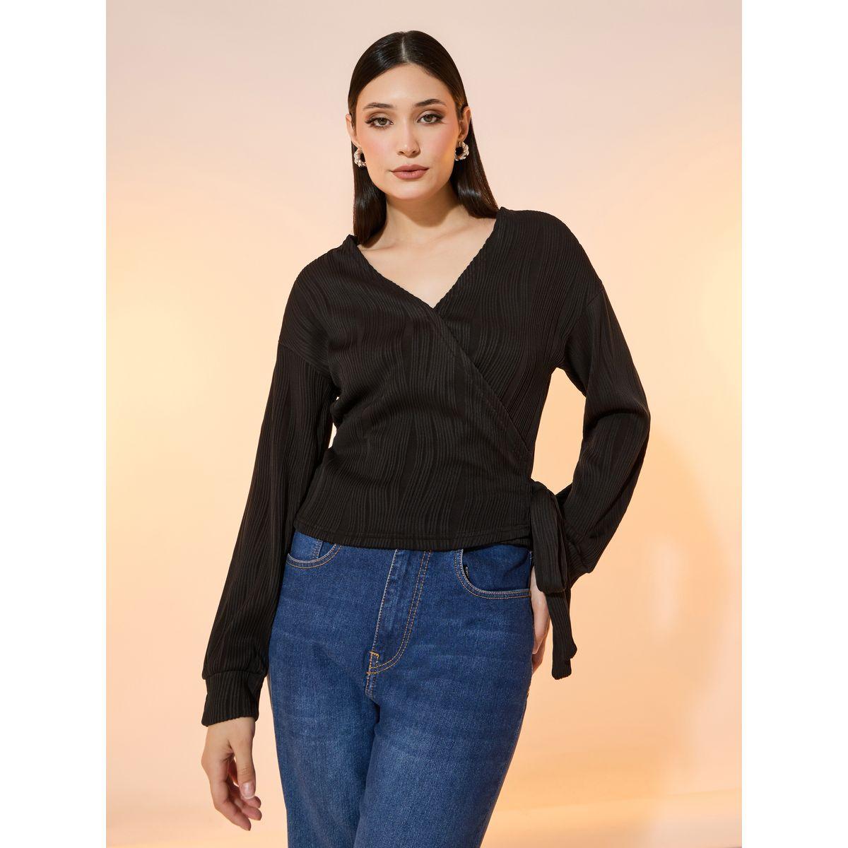 بلوزة بنمط لف وتفاصيل بارزة الملمس مع أربطة-women-clothing-shirtsandblouses-blouses-image-1