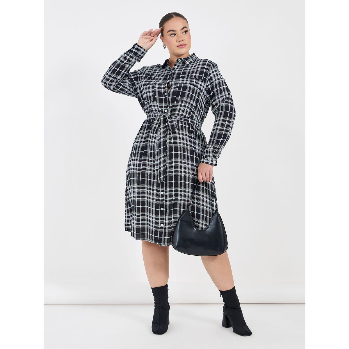 فستان ميدي بطبعة مربعات ومقاس كبير مع حزام خصر-women-clothing-dresses-image-4
