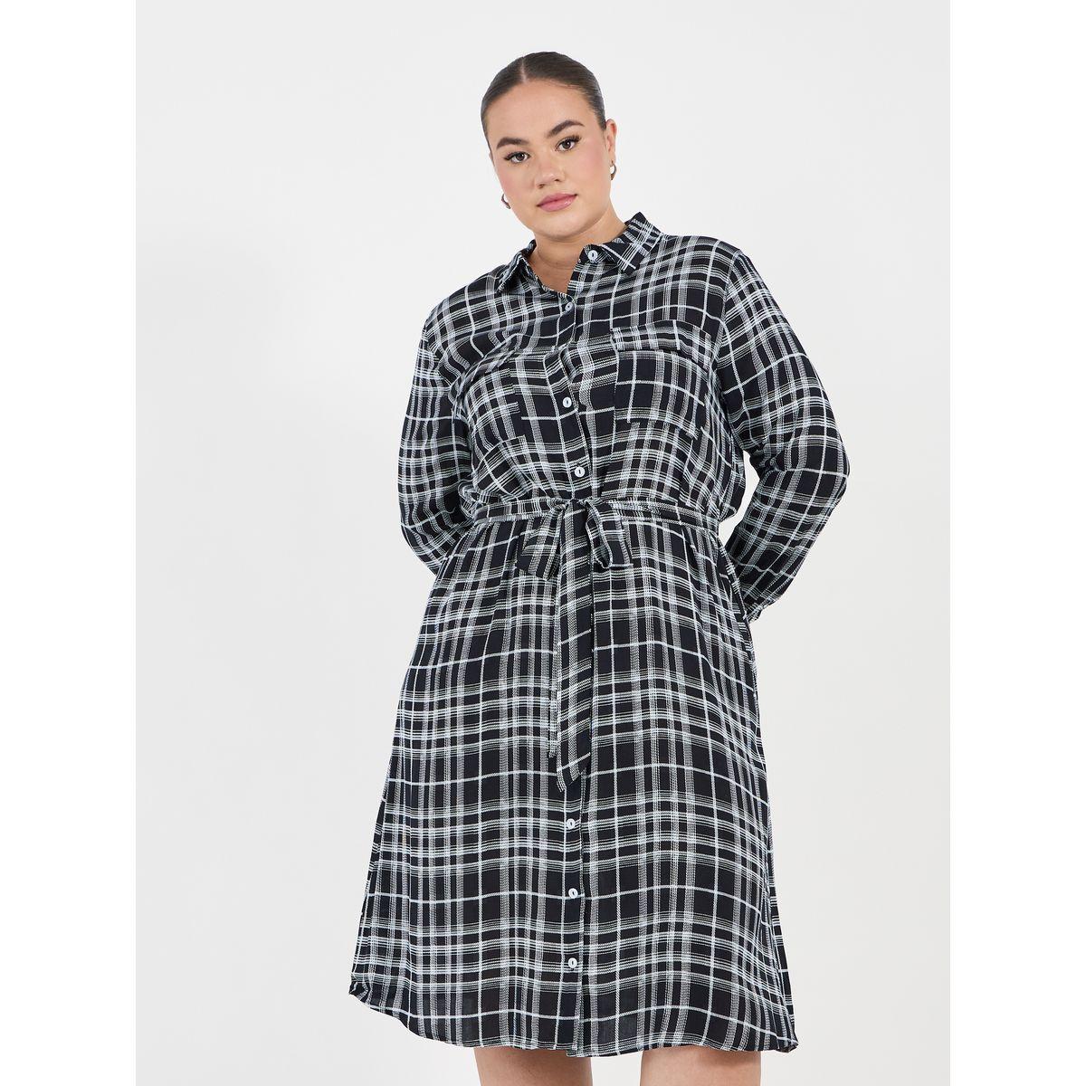 فستان ميدي بطبعة مربعات ومقاس كبير مع حزام خصر-women-clothing-dresses-image-5