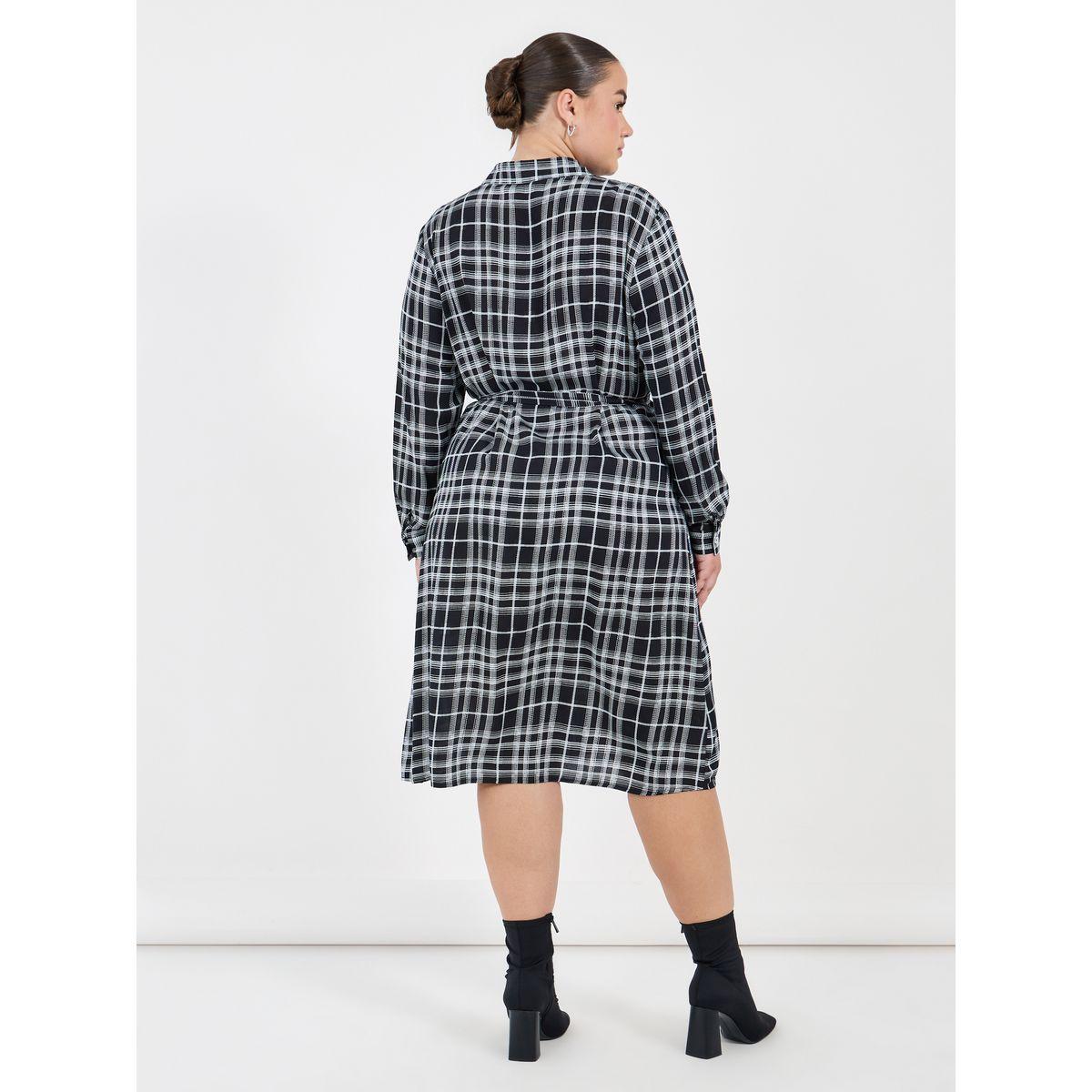 فستان ميدي بطبعة مربعات ومقاس كبير مع حزام خصر-women-clothing-dresses-image-6